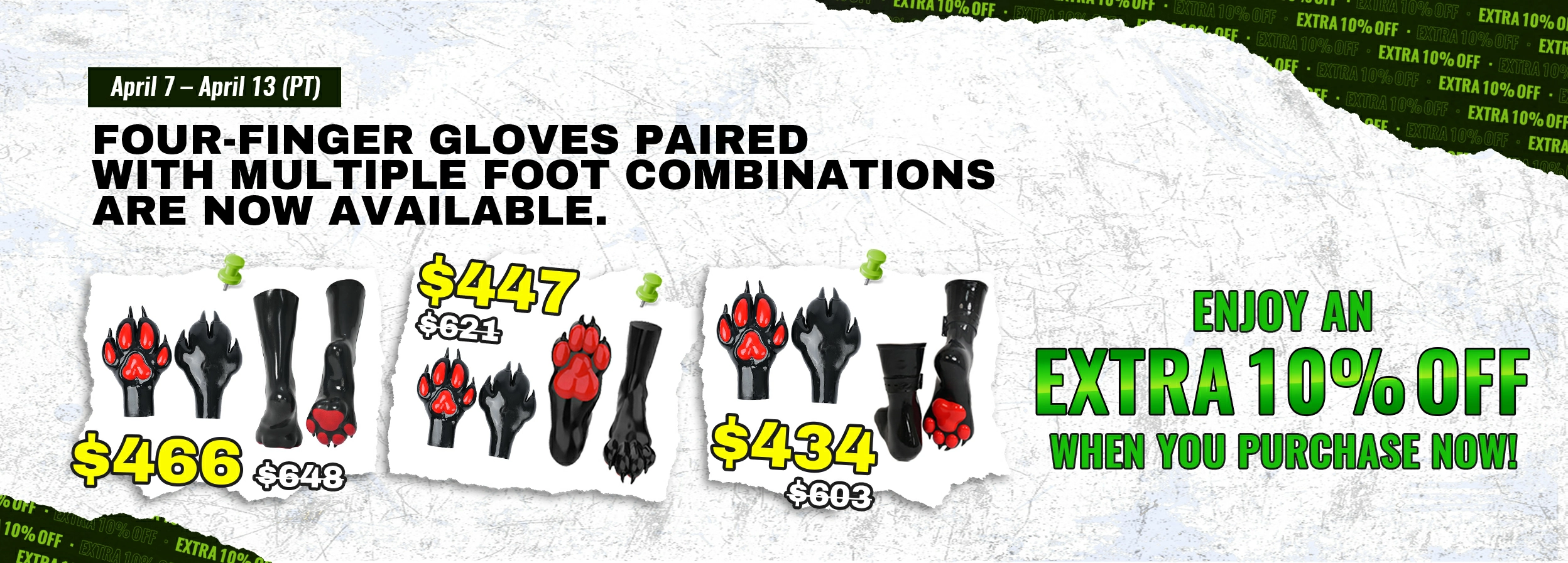 Four-finger gloves paired with multiple foot combinations are now available.